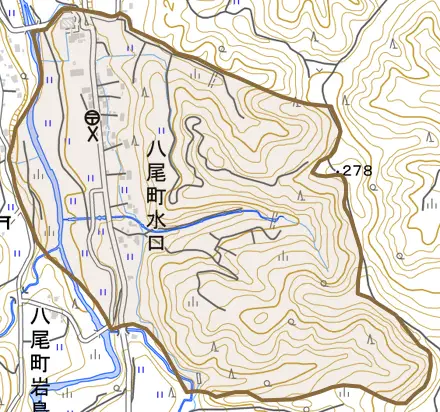八尾町水口とその周辺の地図。町の範囲を重ねている