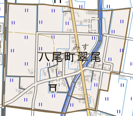 八尾町翠尾とその周辺の地図。町の範囲を重ねている