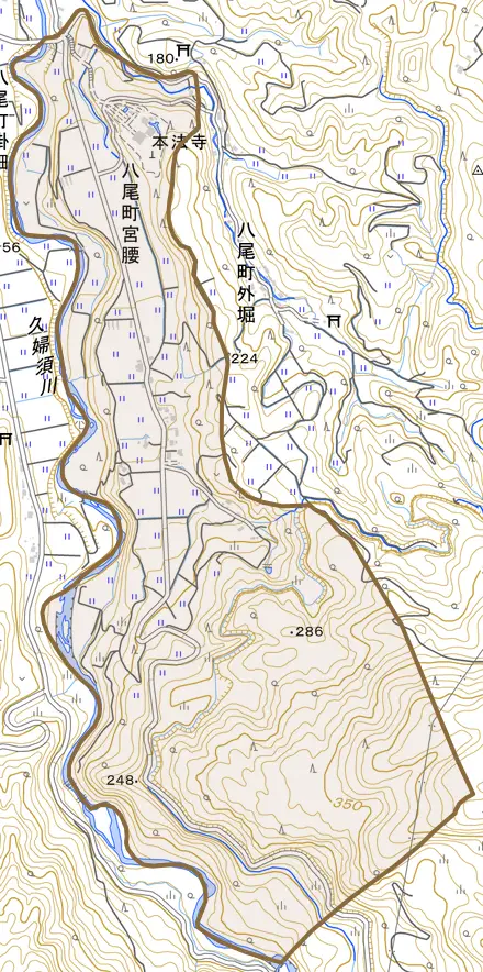 八尾町宮腰とその周辺の地図。町の範囲を重ねている