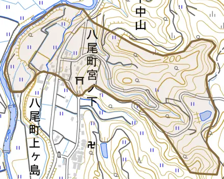 八尾町宮ノ下とその周辺の地図。町の範囲を重ねている