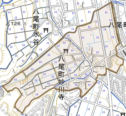 八尾町妙川寺とその周辺の地図。町の範囲を重ねている