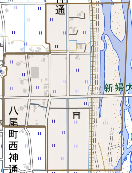 八尾町中神通とその周辺の地図。町の範囲を重ねている