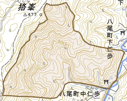 八尾町中仁歩とその周辺の地図。町の範囲を重ねている