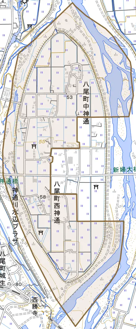 八尾町西神通とその周辺の地図。町の範囲を重ねている