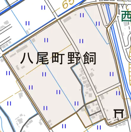 八尾町野飼とその周辺の地図。町の範囲を重ねている