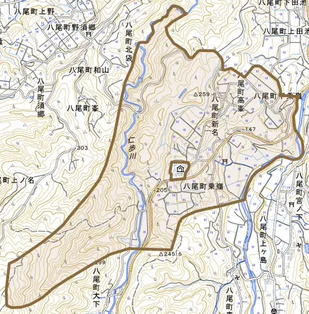 八尾町乗嶺とその周辺の地図。町の範囲を重ねている