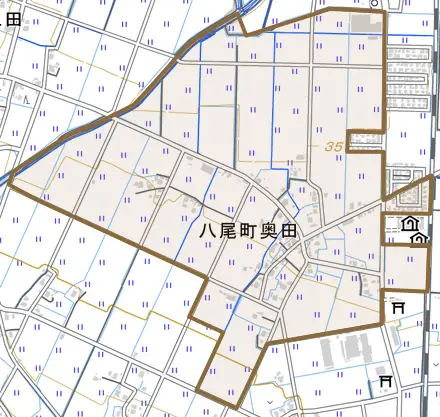 八尾町奥田とその周辺の地図。町の範囲を重ねている