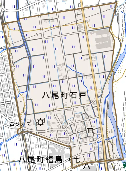 八尾町石戸とその周辺の地図。町の範囲を重ねている
