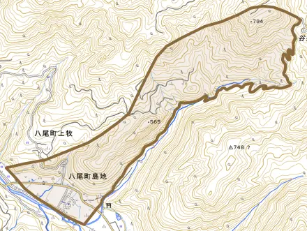 八尾町島地とその周辺の地図。町の範囲を重ねている