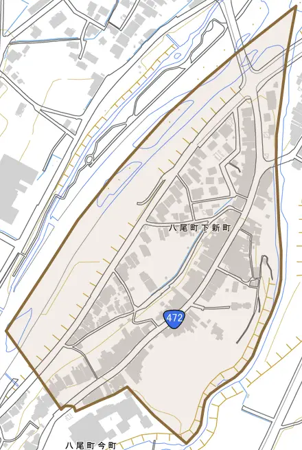 八尾町下新町とその周辺の地図。町の範囲を重ねている