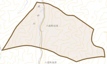 八尾町高野とその周辺の地図。町の範囲を重ねている