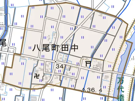 八尾町田中とその周辺の地図。町の範囲を重ねている