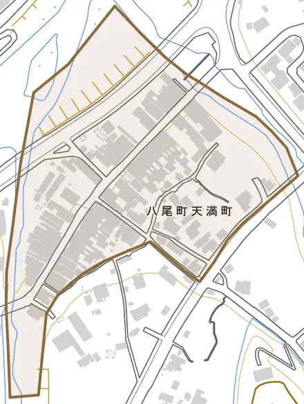 八尾町天満町とその周辺の地図。町の範囲を重ねている