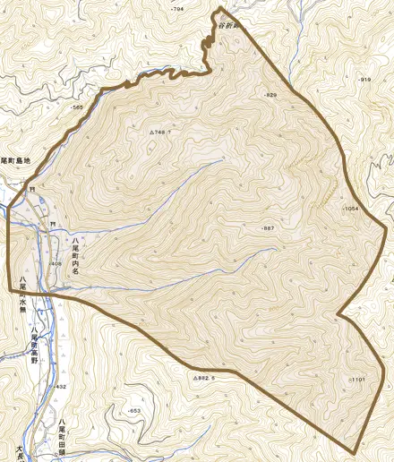 八尾町内名とその周辺の地図。町の範囲を重ねている