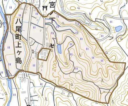 八尾町上ケ島とその周辺の地図。町の範囲を重ねている