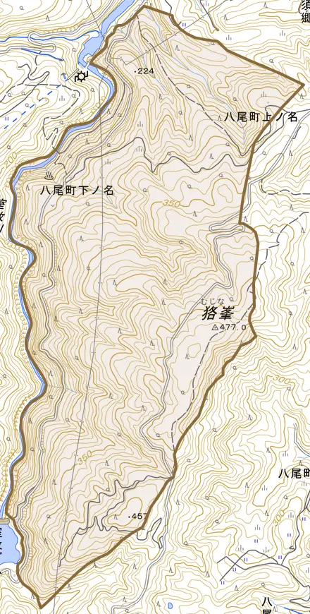 八尾町上ノ名とその周辺の地図。町の範囲を重ねている