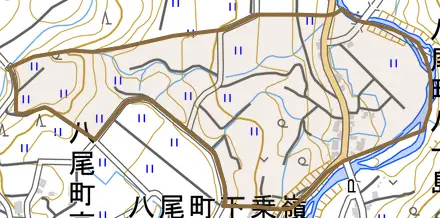 八尾町八十島とその周辺の地図。町の範囲を重ねている
