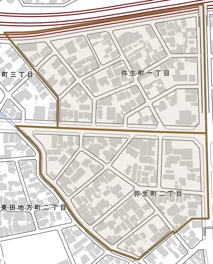 弥生町とその周辺の地図。町の範囲を重ねている