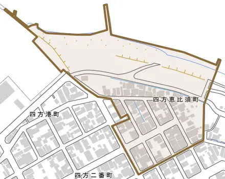 四方恵比須町とその周辺の地図。町の範囲を重ねている