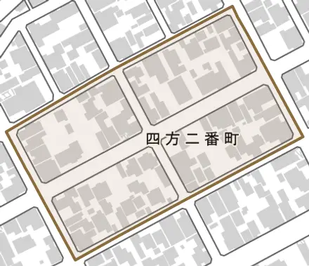 四方二番町とその周辺の地図。町の範囲を重ねている
