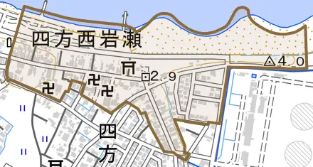 四方西岩瀬とその周辺の地図。町の範囲を重ねている