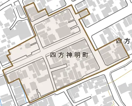 四方神明町とその周辺の地図。町の範囲を重ねている