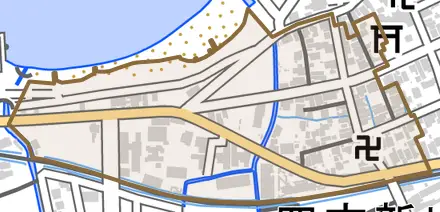 四方新出町とその周辺の地図。町の範囲を重ねている