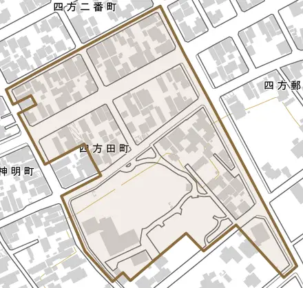 四方田町とその周辺の地図。町の範囲を重ねている