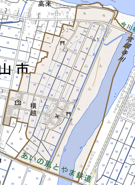 横越とその周辺の地図。町の範囲を重ねている