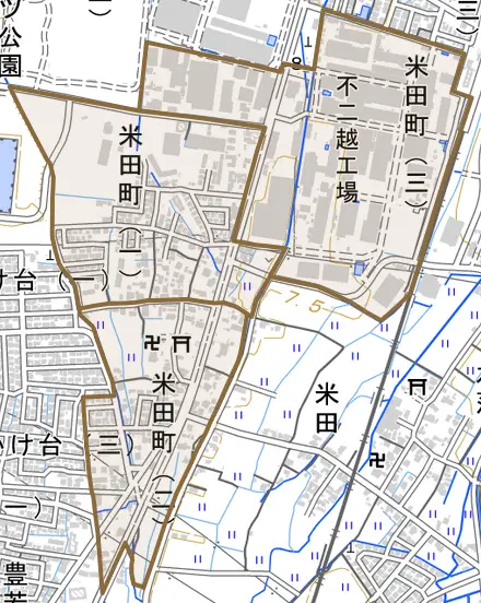 米田町とその周辺の地図。町の範囲を重ねている