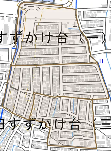 米田すずかけ台とその周辺の地図。町の範囲を重ねている