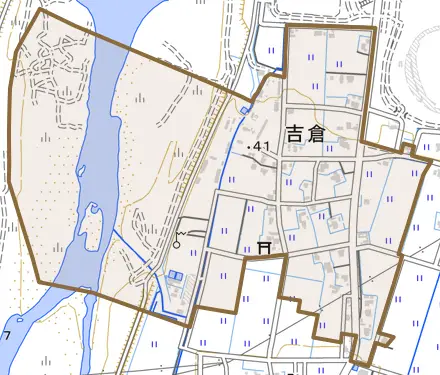 吉倉とその周辺の地図。町の範囲を重ねている