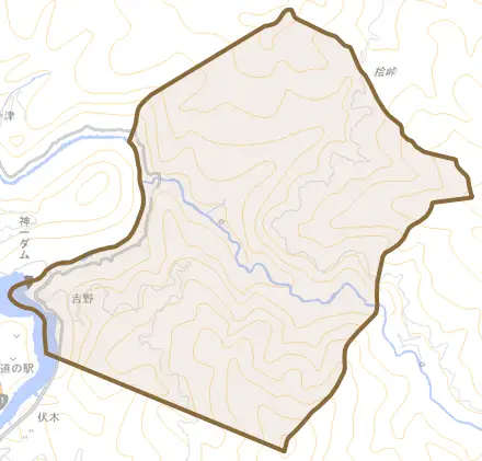 吉野とその周辺の地図。町の範囲を重ねている