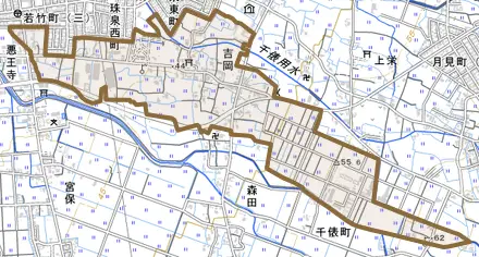吉岡とその周辺の地図。町の範囲を重ねている