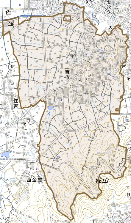 吉作とその周辺の地図。町の範囲を重ねている