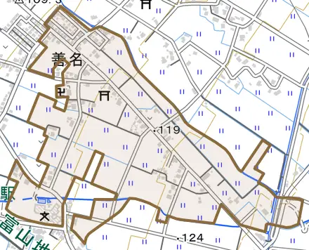 善名とその周辺の地図。町の範囲を重ねている