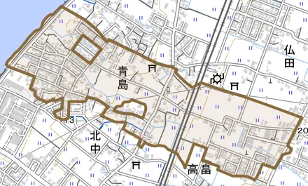青島とその周辺の地図。町の範囲を重ねている