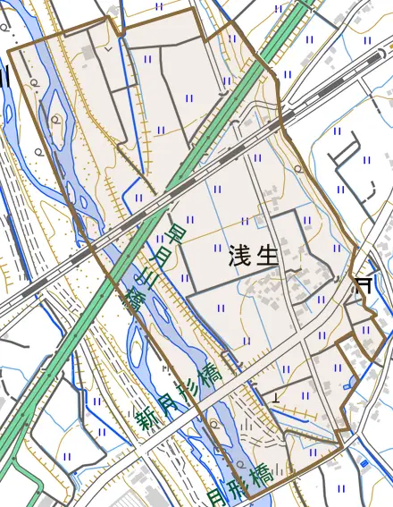 浅生とその周辺の地図。町の範囲を重ねている
