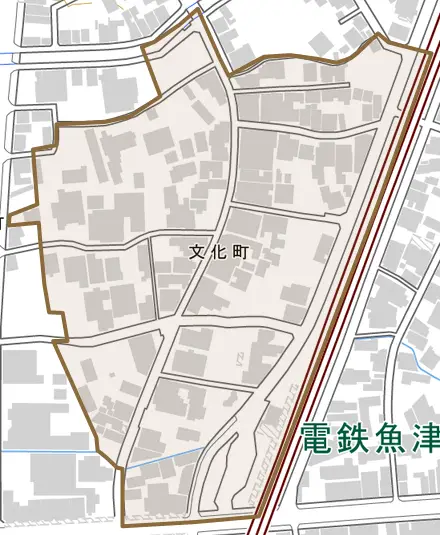 文化町とその周辺の地図。町の範囲を重ねている