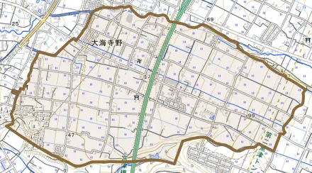 大海寺野とその周辺の地図。町の範囲を重ねている