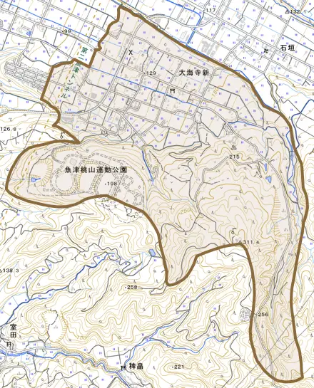 大海寺新とその周辺の地図。町の範囲を重ねている