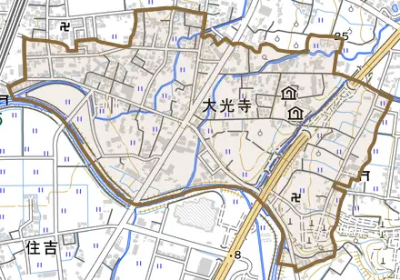 大光寺とその周辺の地図。町の範囲を重ねている