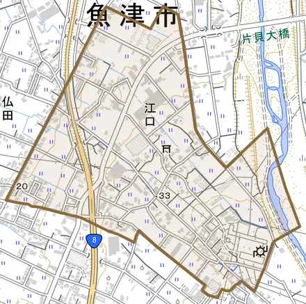 江口とその周辺の地図。町の範囲を重ねている