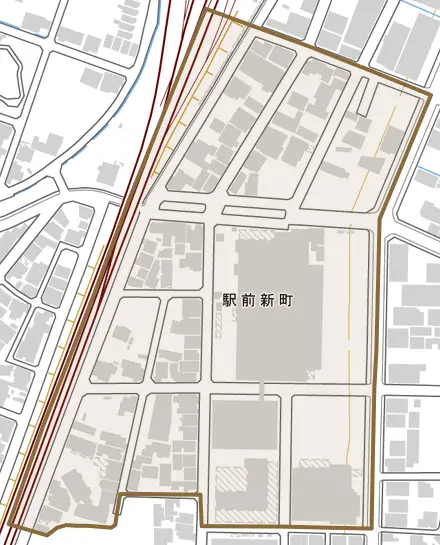 駅前新町とその周辺の地図。町の範囲を重ねている