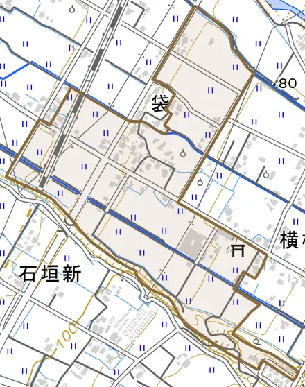 袋とその周辺の地図。町の範囲を重ねている