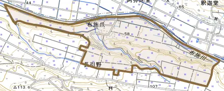 布施爪とその周辺の地図。町の範囲を重ねている