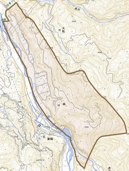 鉢とその周辺の地図。町の範囲を重ねている
