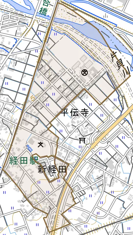 浜経田とその周辺の地図。町の範囲を重ねている