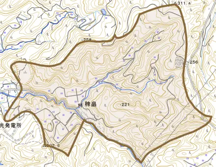稗畠とその周辺の地図。町の範囲を重ねている
