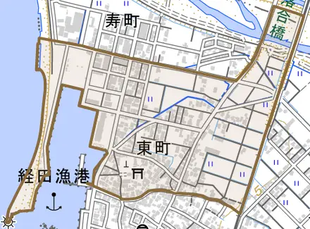 東町とその周辺の地図。町の範囲を重ねている